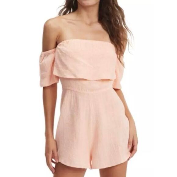 Roxy Size L Another Day Off The Shoulder Romper Linen Blend Coral Beach NWT - Picture 2 of 13
